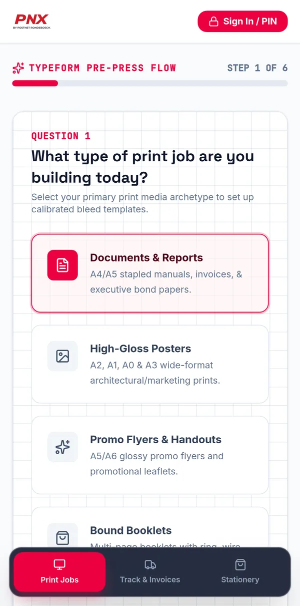 PNX print job builder, job type step on iPhone