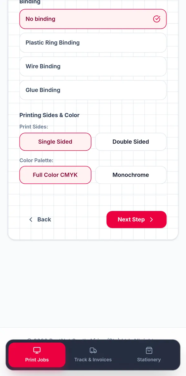 PNX print job builder, finishing and colour step on iPhone
