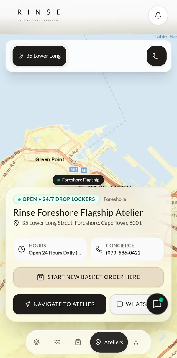 Rinse ateliers page with the Cape Town map on iPhone
